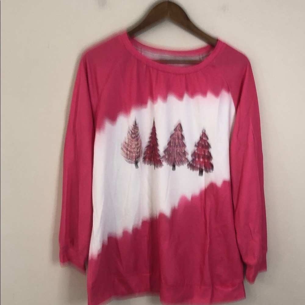 Festive Christmas Tree soft sweatshirt pink white scoop neck long sleeves SZ XL